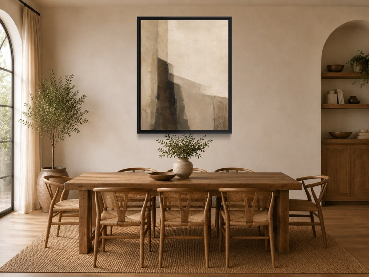 Quiet Form cream and brown abstract wall art above a wooden dining table