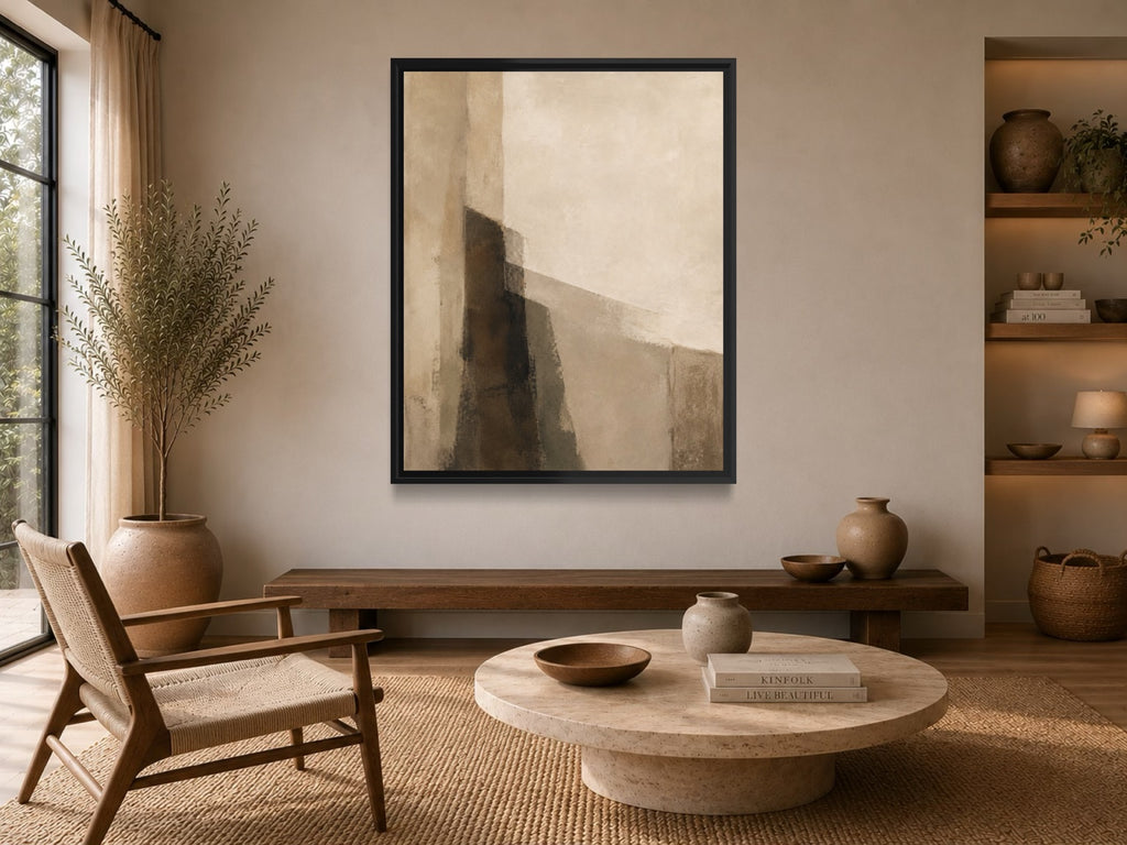Quiet Form neutral abstract wall art above a wooden bench in a warm minimalist interior