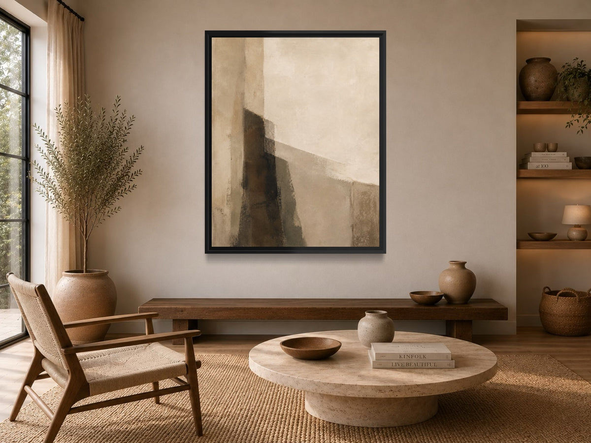Quiet Form neutral abstract wall art above a wooden bench in a warm minimalist interior