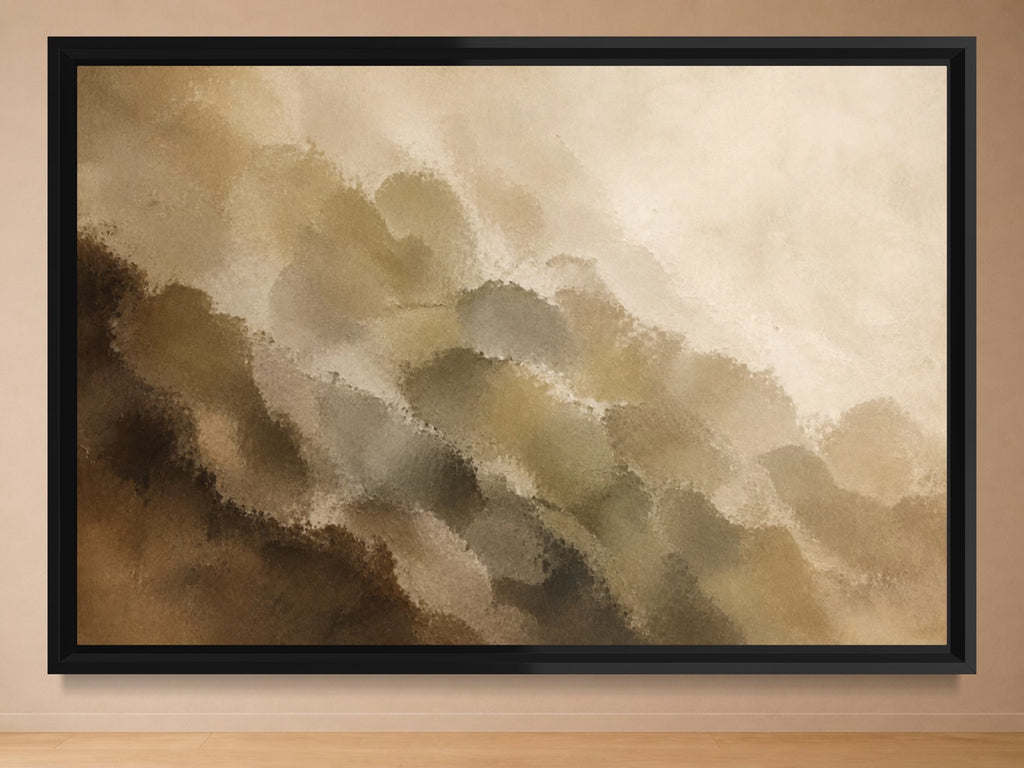 Tobacco Grove brown, olive and cream abstract landscape wall art in a black frame