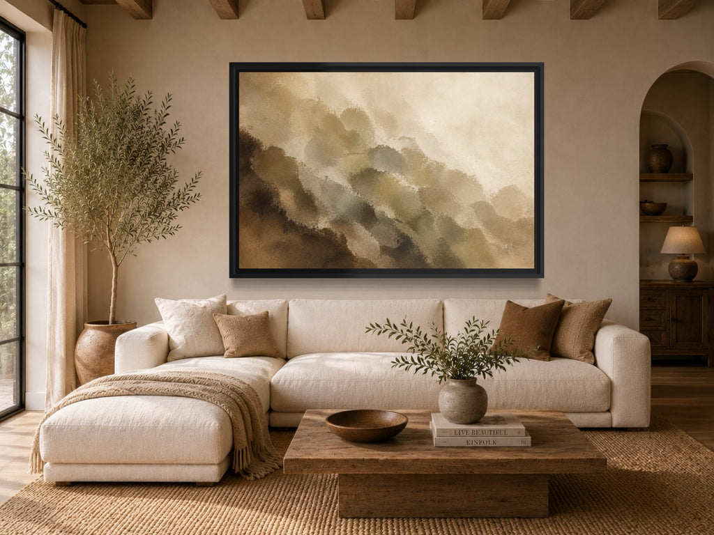 Tobacco Grove earthy abstract wall art above a cream sofa in a warm organic living room