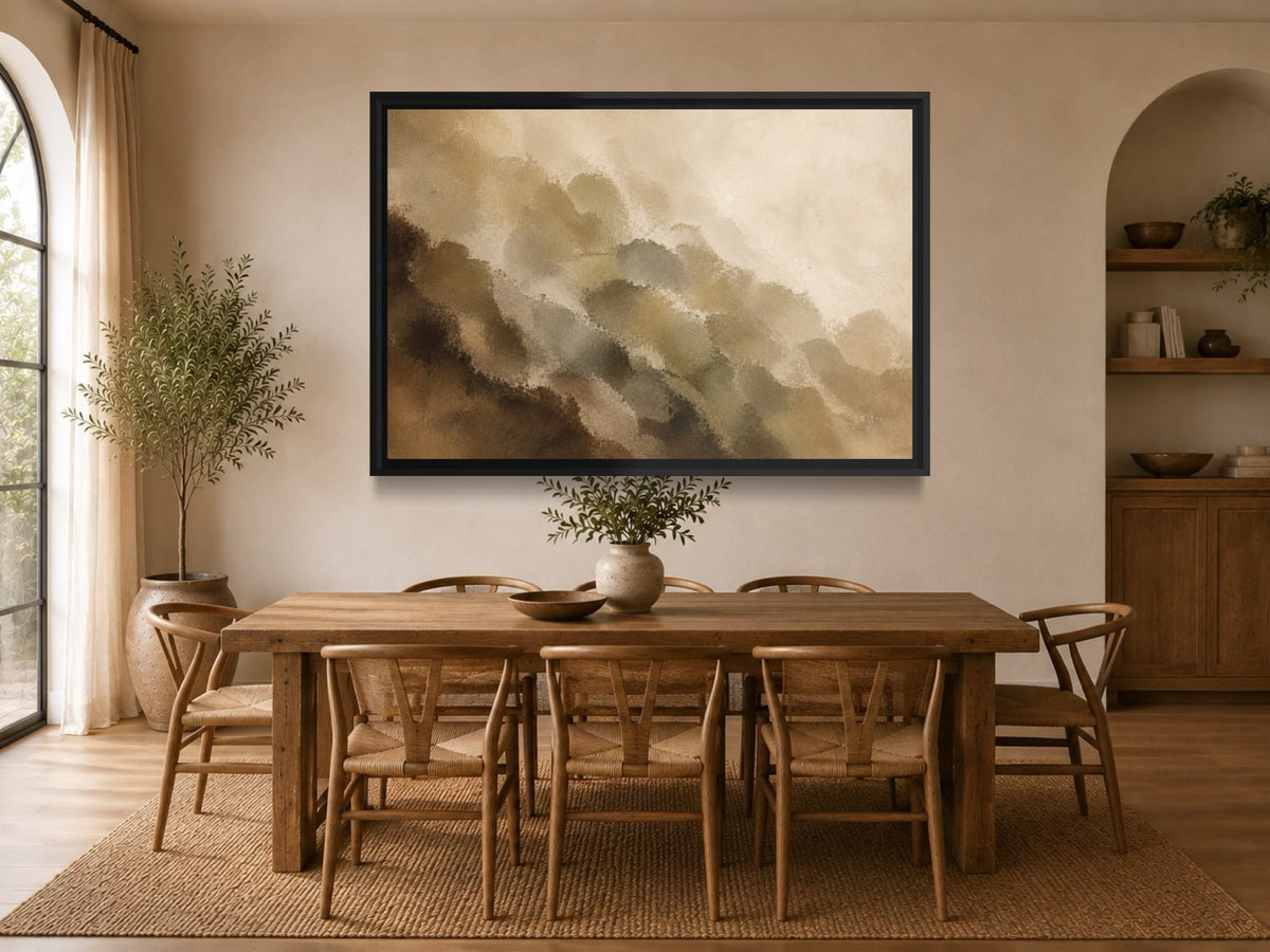 Tobacco Grove brown and olive abstract wall art above a wooden dining table