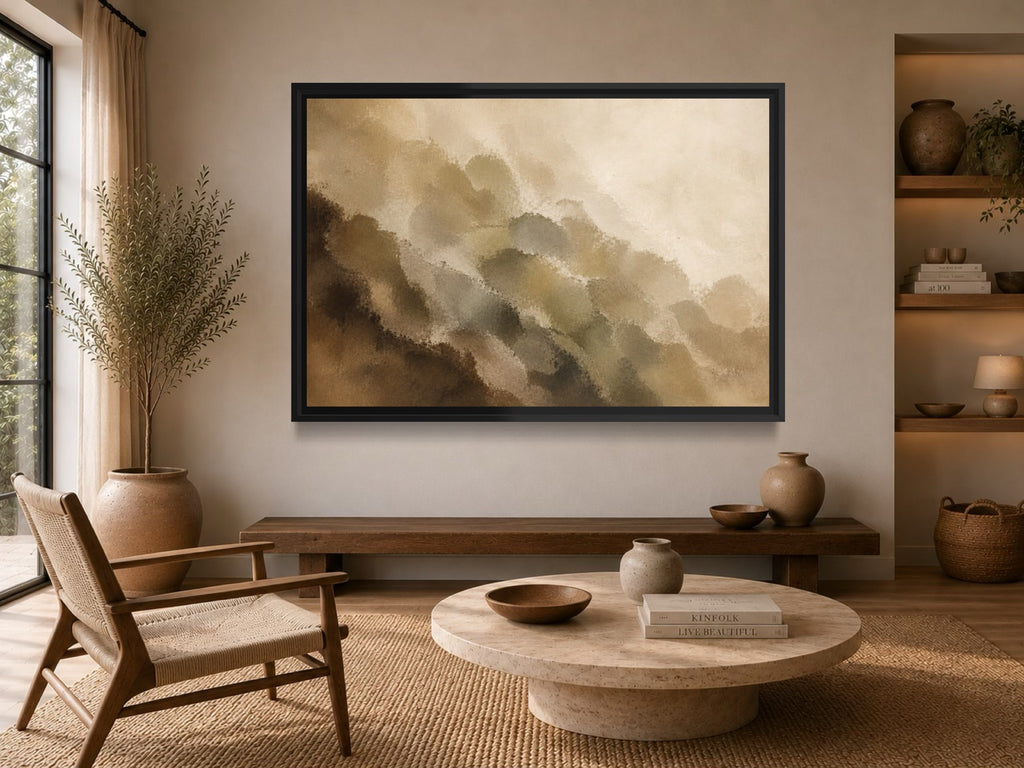 Tobacco Grove neutral earth-tone wall art above a wooden bench in a warm minimalist interior