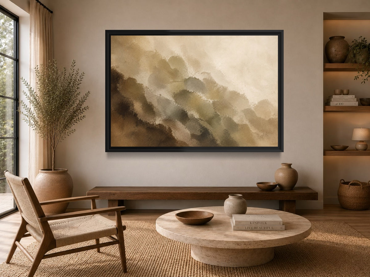 Tobacco Grove neutral earth-tone wall art above a wooden bench in a warm minimalist interior