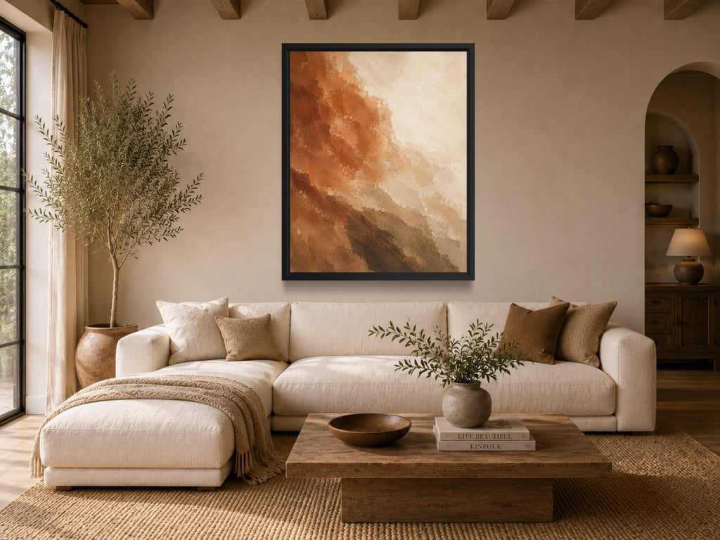 Sienna Drift terracotta abstract wall art above a cream sofa in a warm organic living room