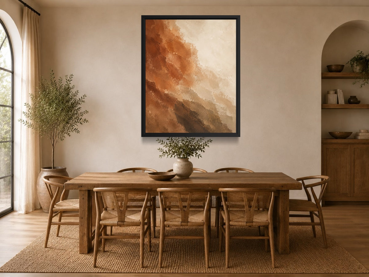 Sienna Drift rust and cream abstract wall art above a wooden dining table