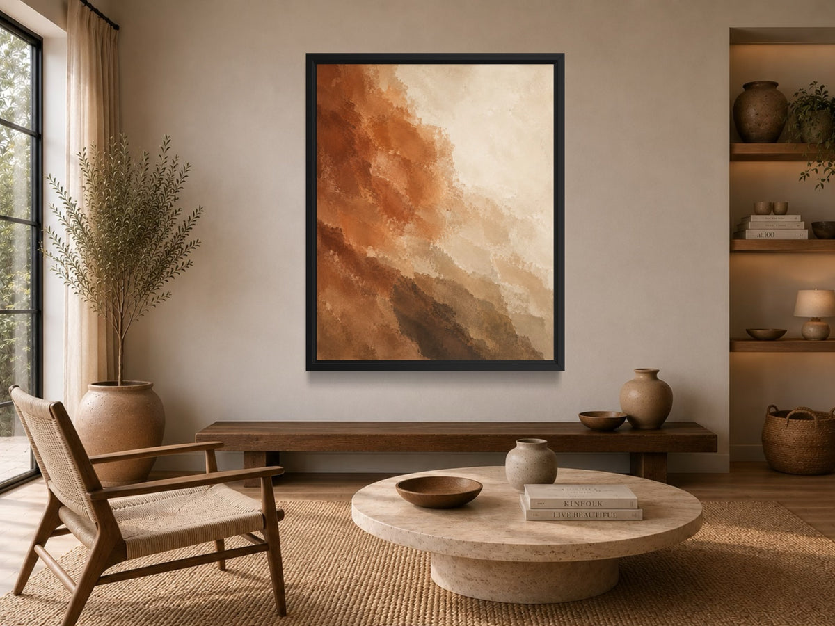 Sienna Drift earth-tone abstract wall art above a wooden bench in a warm minimalist interior