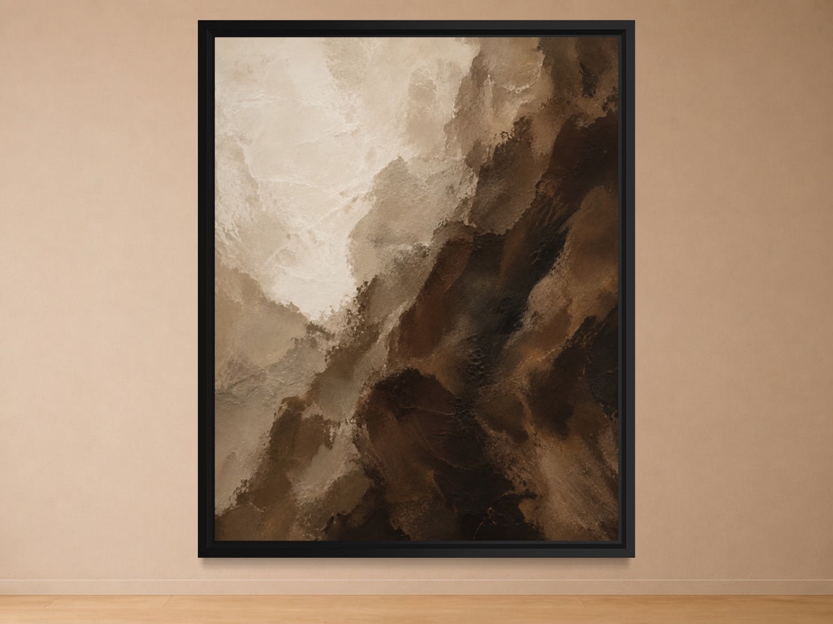 Deep Umber brown, espresso and cream abstract wall art in a black frame