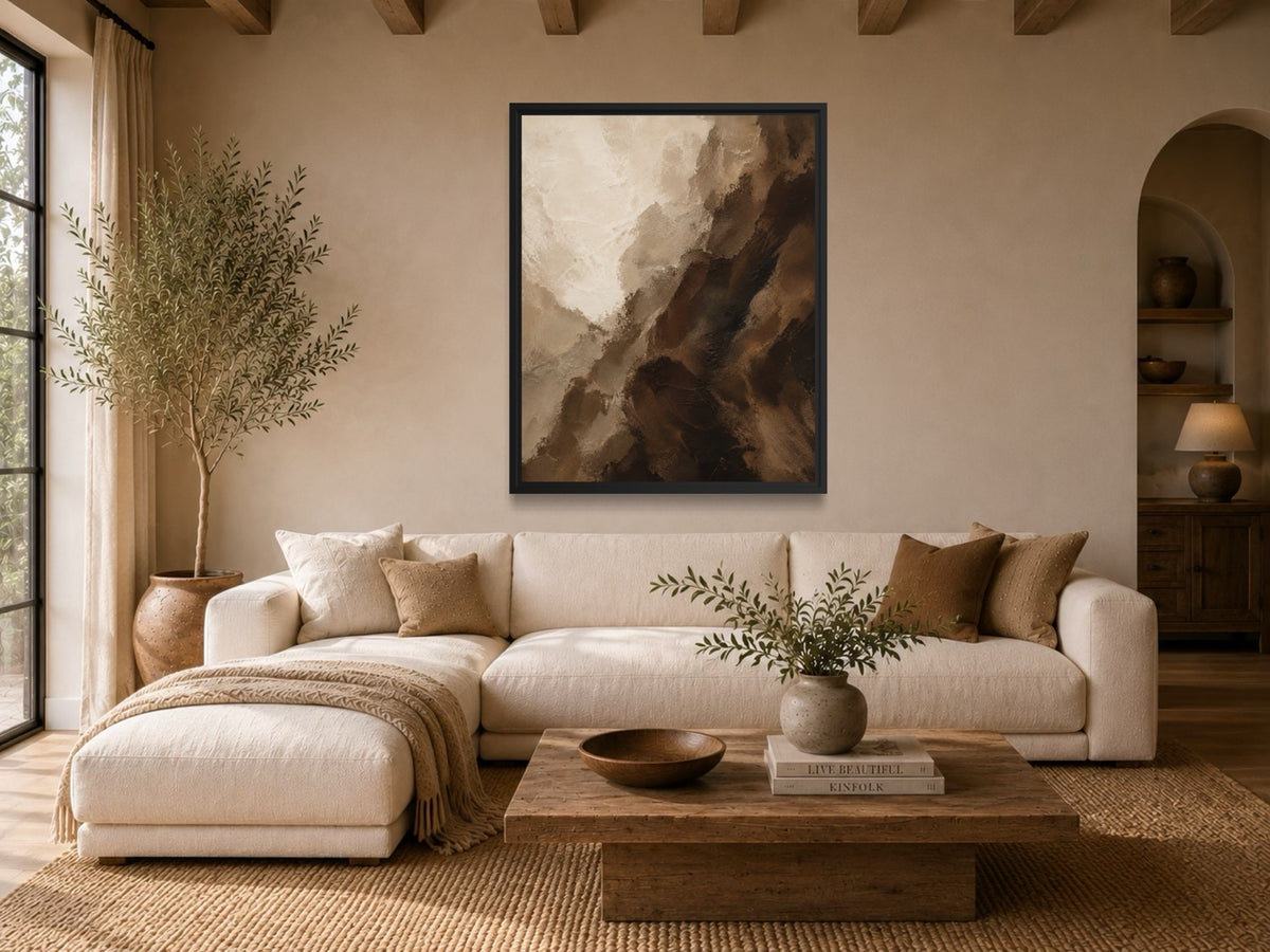 Deep Umber dark brown abstract wall art above a cream sofa in a warm organic living room