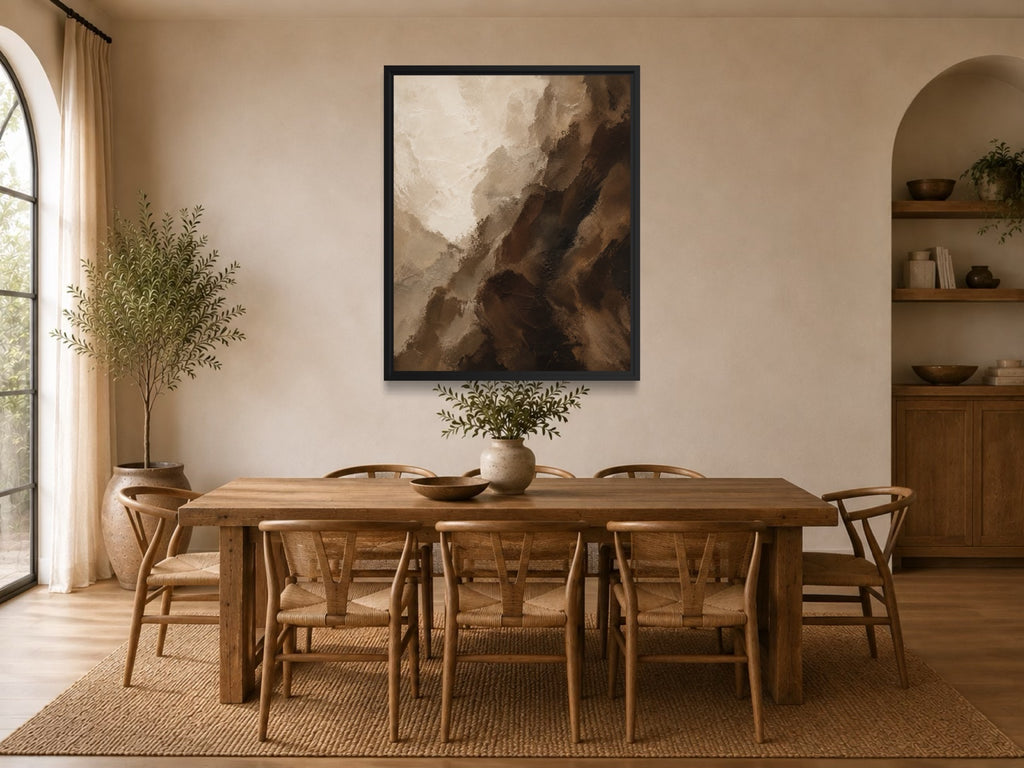 Deep Umber espresso and stone abstract wall art above a wooden dining table