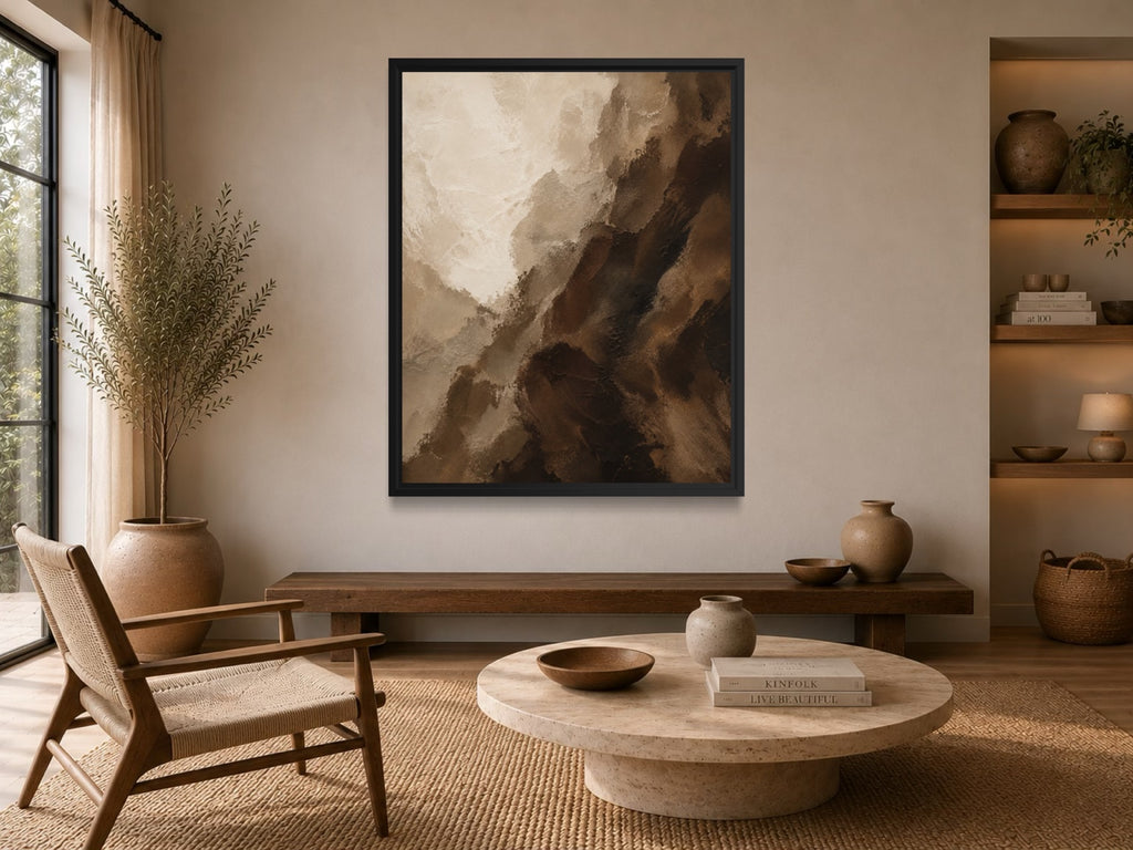 Deep Umber earth-tone abstract wall art above a wooden bench in a warm minimalist interior