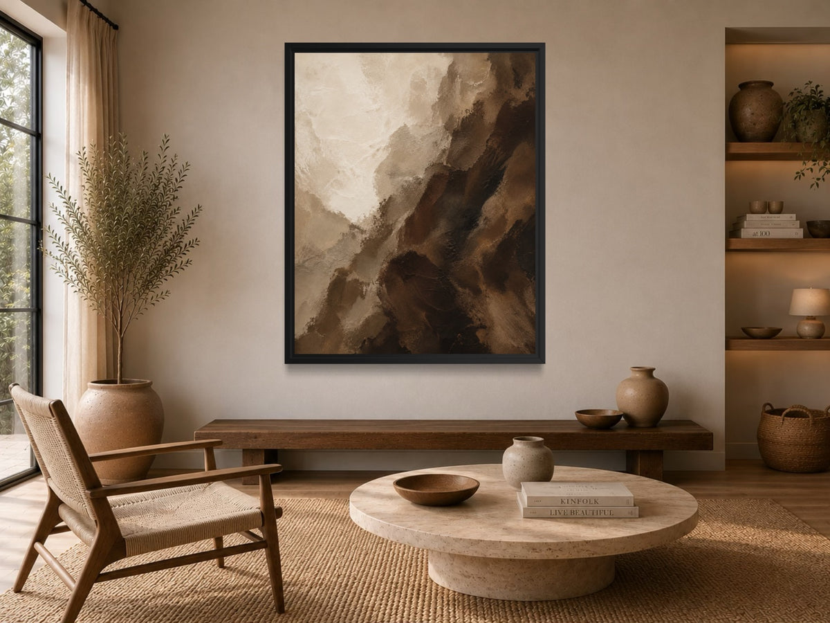 Deep Umber earth-tone abstract wall art above a wooden bench in a warm minimalist interior