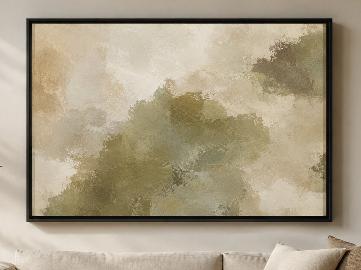 Olive Terrain olive green and warm stone abstract wall art in a black frame