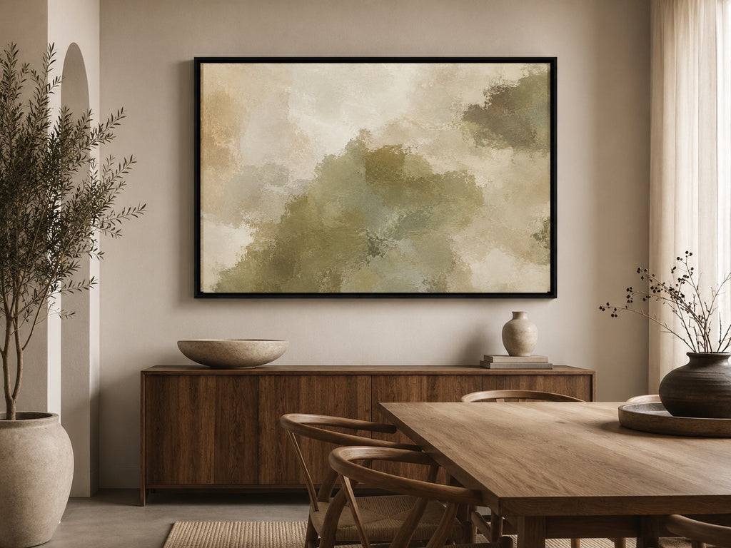 Olive Terrain olive green abstract wall art above a wooden dining table