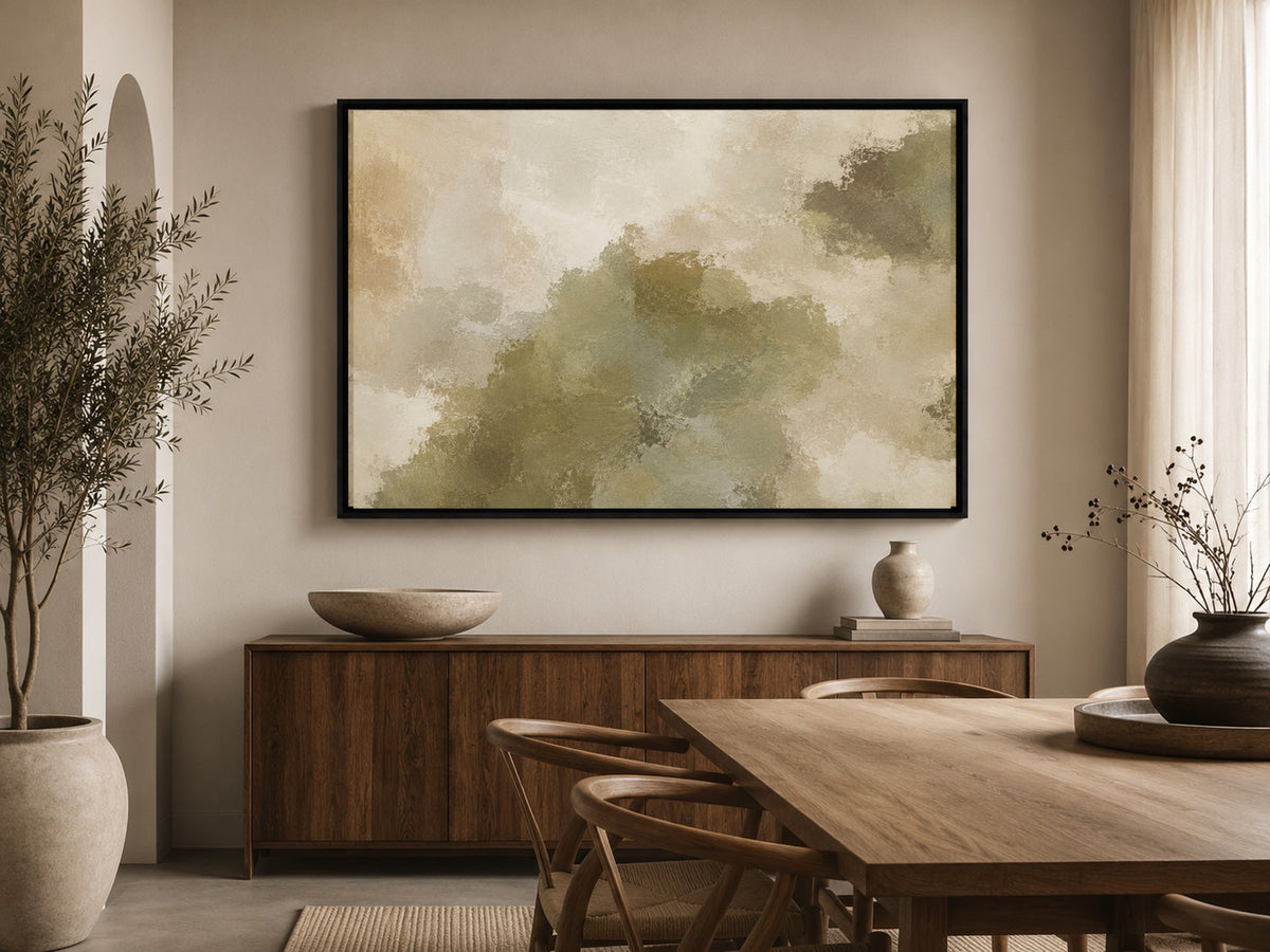 Olive Terrain olive green abstract wall art above a wooden dining table