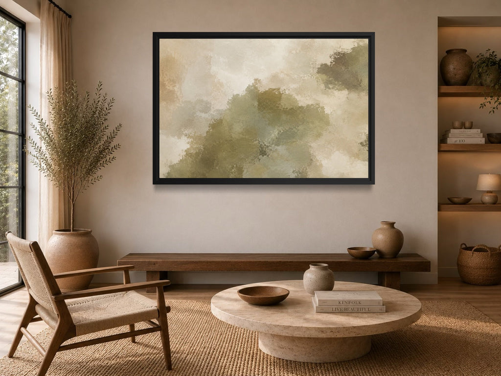 Olive Terrain olive green abstract wall art above a bench in a warm organic living room