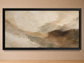 Horizon panoramic abstract wall art in cream, taupe, greige and deep brown, shown in a black frame