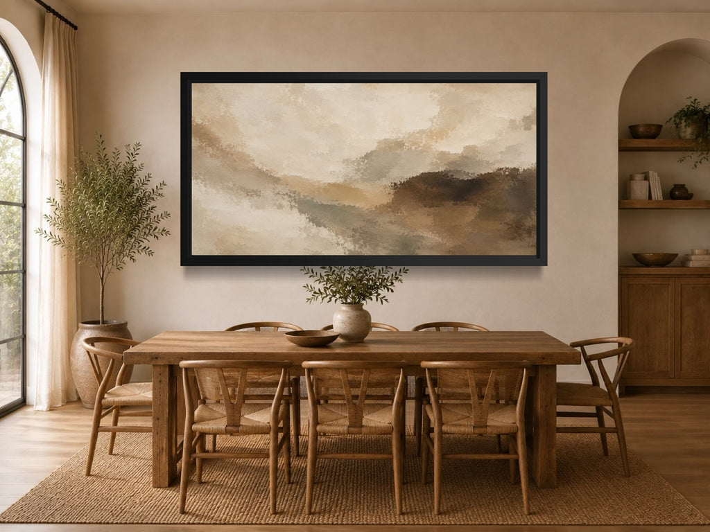 Horizon panoramic beige and brown abstract wall art styled above a wooden dining table