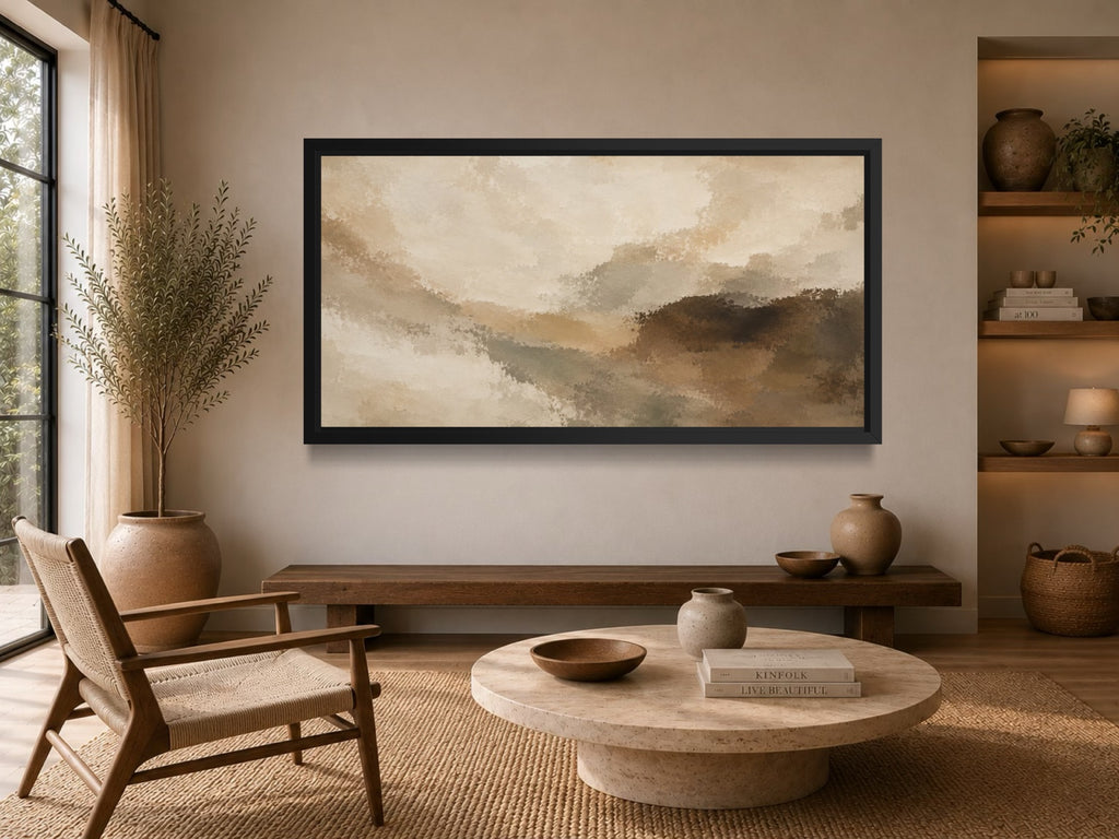 Horizon wide earth-tone abstract wall art displayed above a sideboard in a calm neutral interior