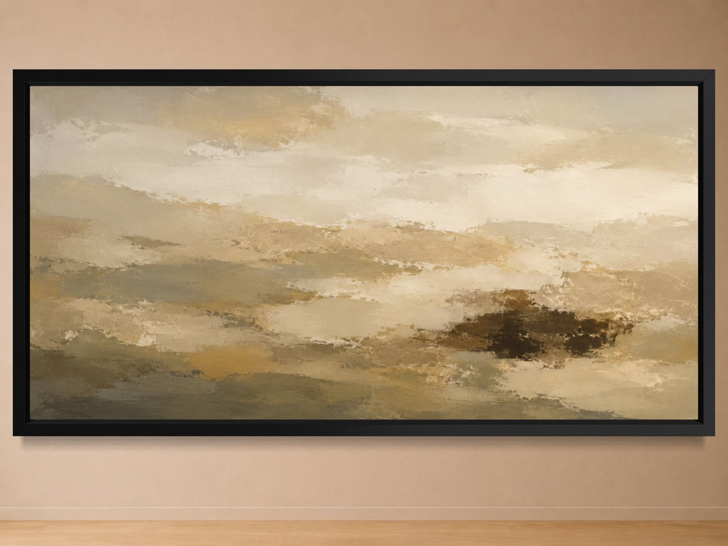 Distant Ridge panoramic abstract wall art in ivory, sand, stone grey and deep umber, shown in a black frame