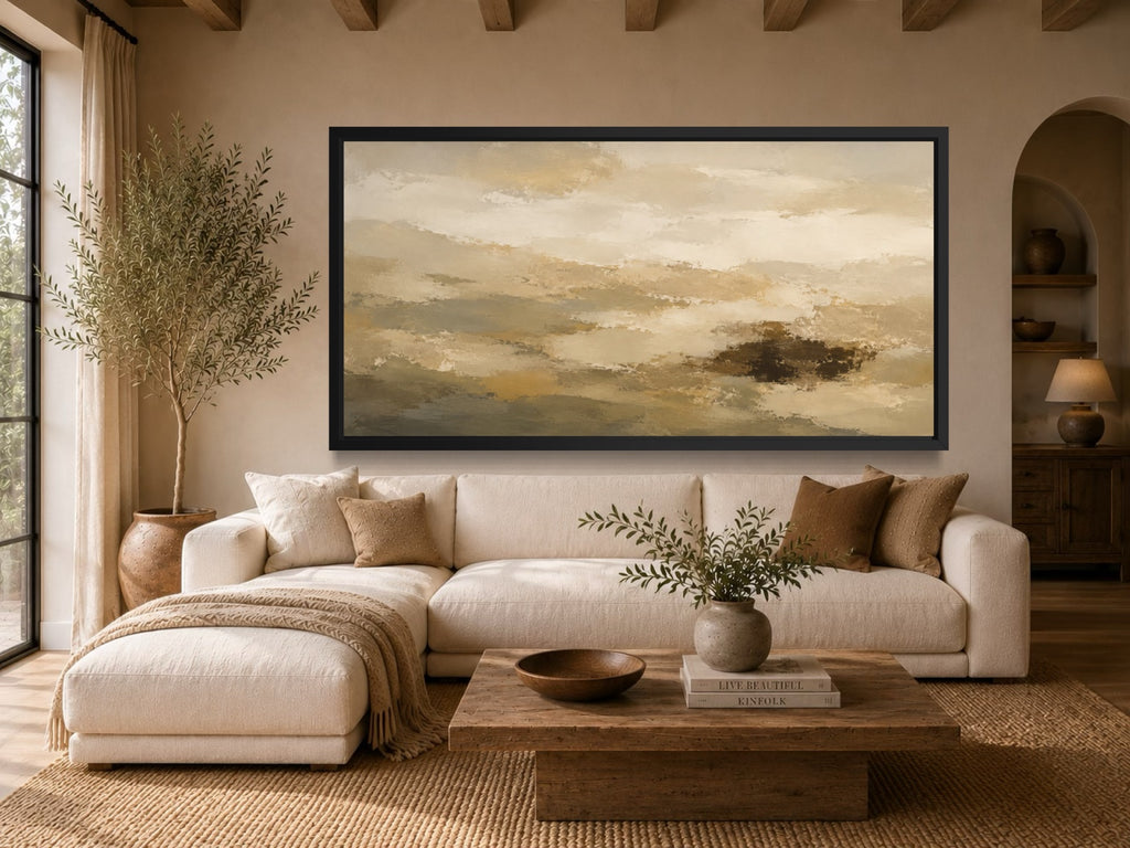 Distant Ridge wide neutral abstract wall art displayed above a cream sofa in a warm modern organic living room