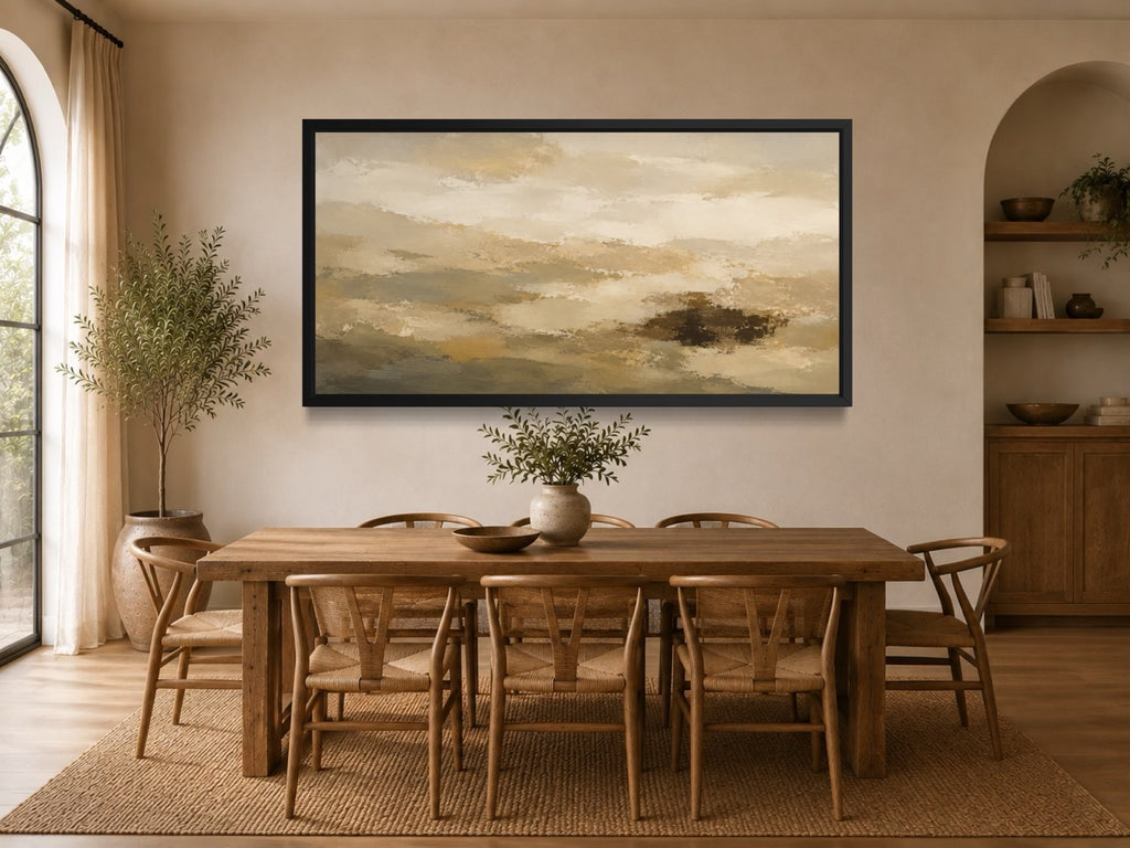 Distant Ridge panoramic cream and greige abstract wall art styled above a wooden dining table