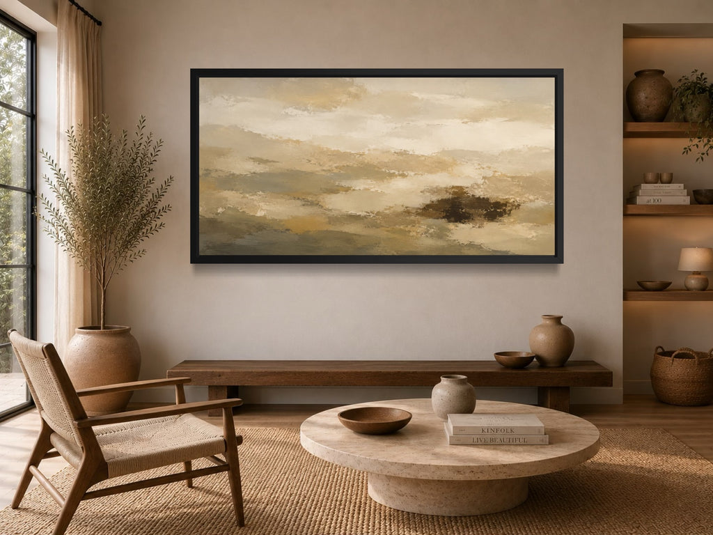 Distant Ridge wide earth-tone abstract wall art displayed above a sideboard in a calm neutral interior