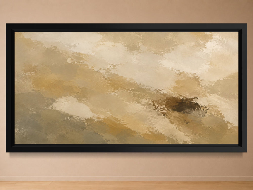 Pale Range panoramic abstract wall art in cream, sand, muted ochre, stone grey and deep umber, shown in a black frame
