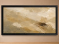 Pale Range panoramic abstract wall art in cream, sand, muted ochre, stone grey and deep umber, shown in a black frame
