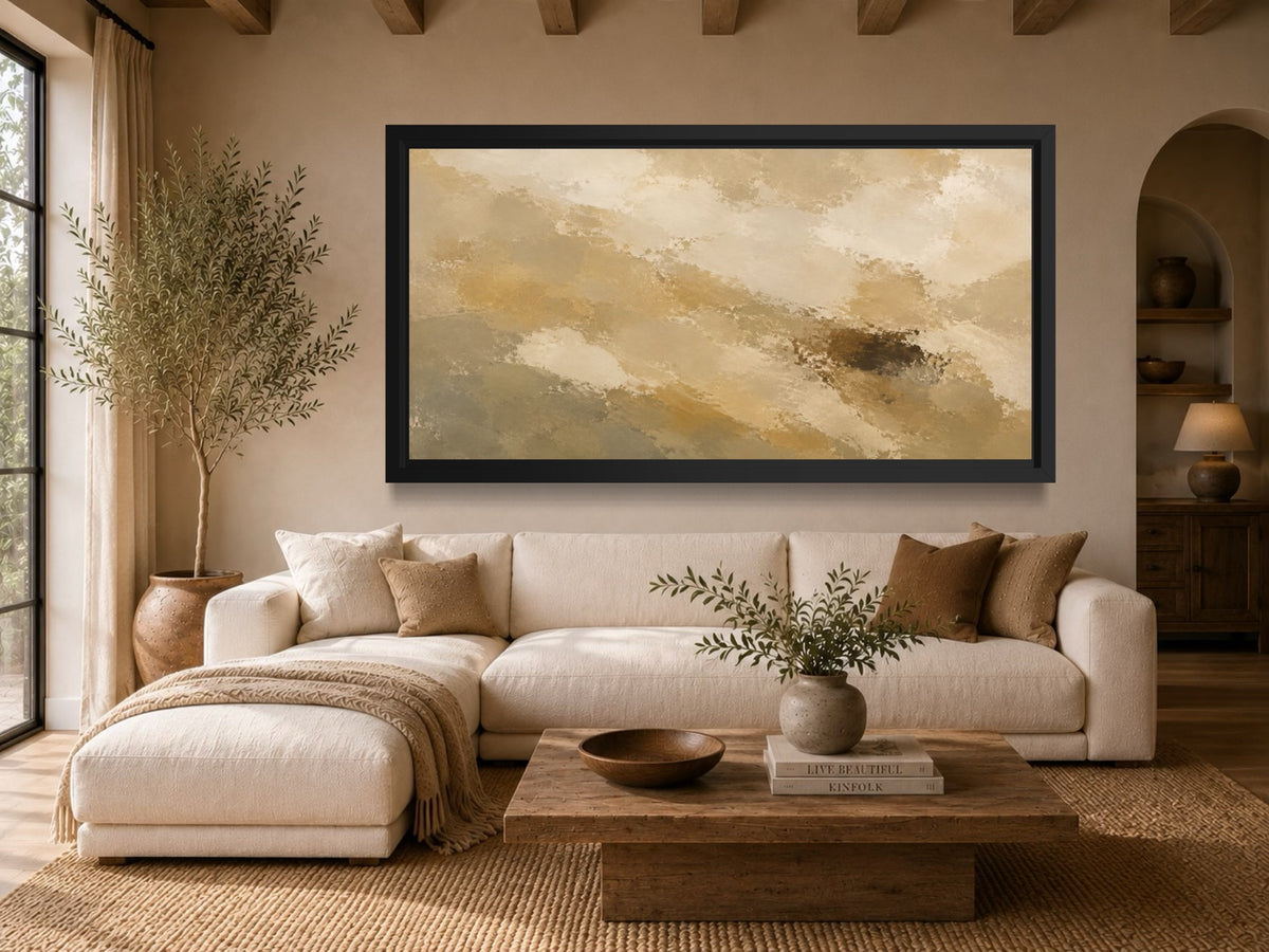 Pale Range wide neutral abstract wall art displayed above a cream sofa in a warm modern organic living room
