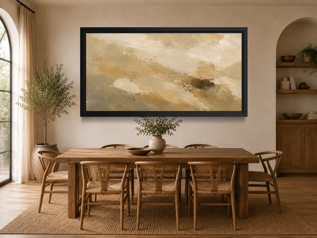 Pale Range panoramic cream, sand and ochre abstract wall art styled above a wooden dining table