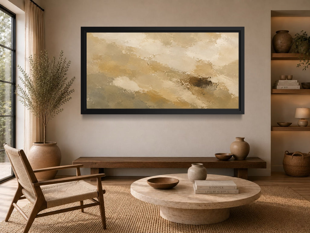Pale Range wide earth-tone abstract wall art displayed above a timber sideboard in a calm neutral interior