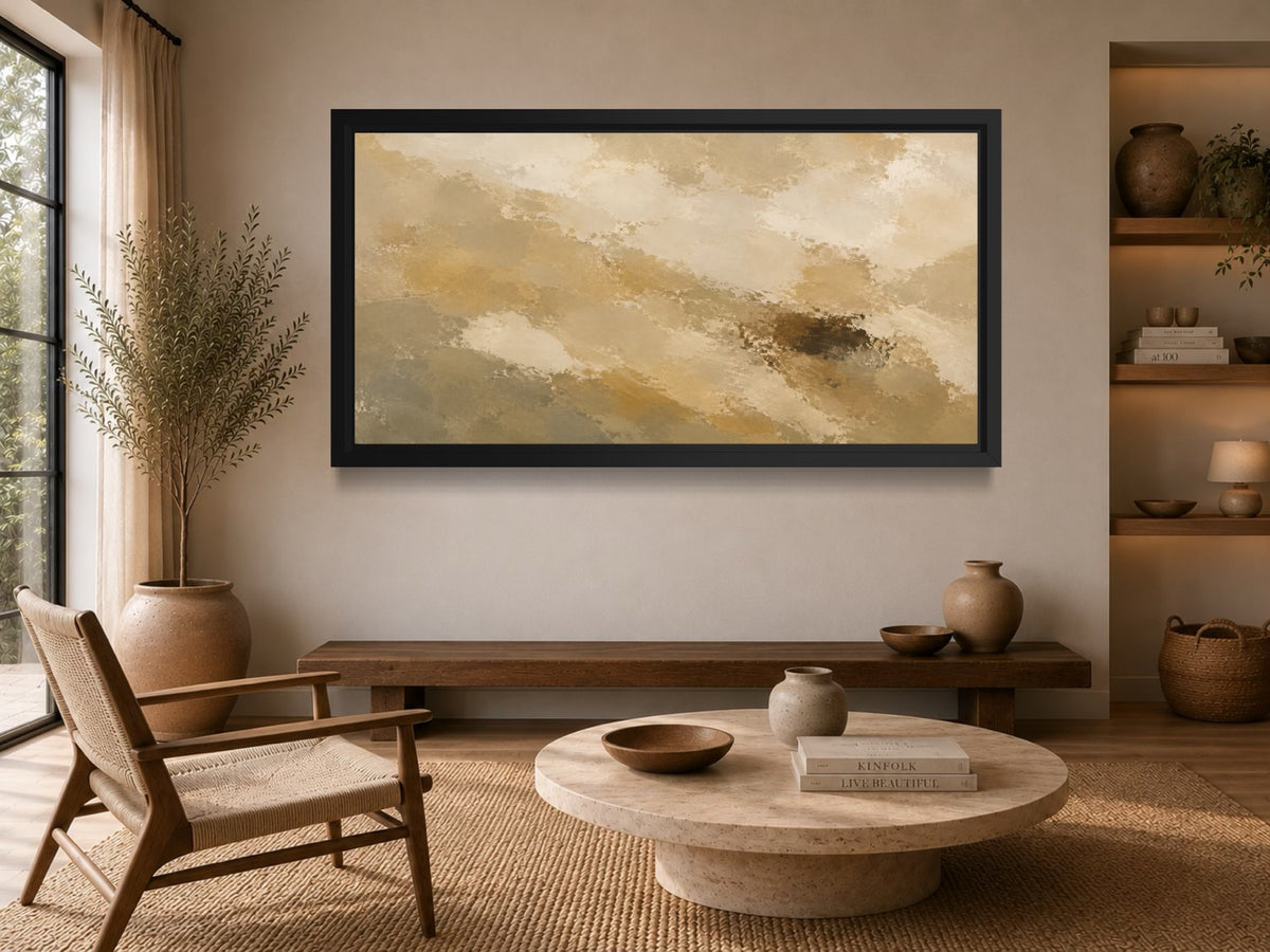 Pale Range wide earth-tone abstract wall art displayed above a timber sideboard in a calm neutral interior