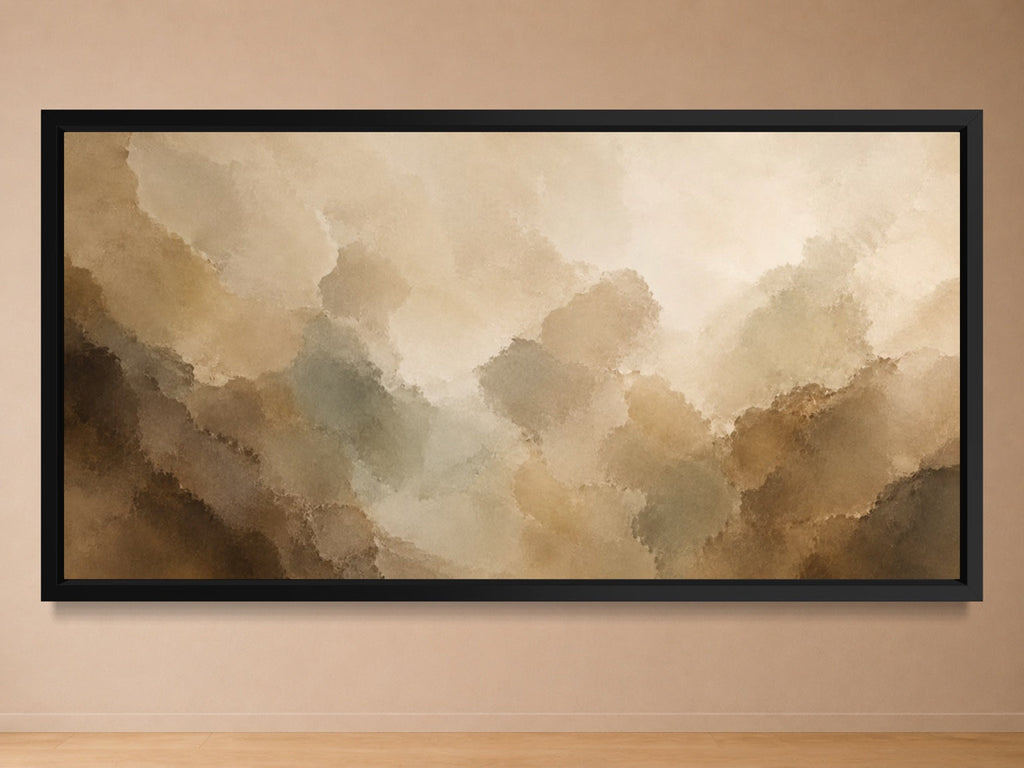 Quiet Divide neutral panoramic abstract wall art in a black float frame