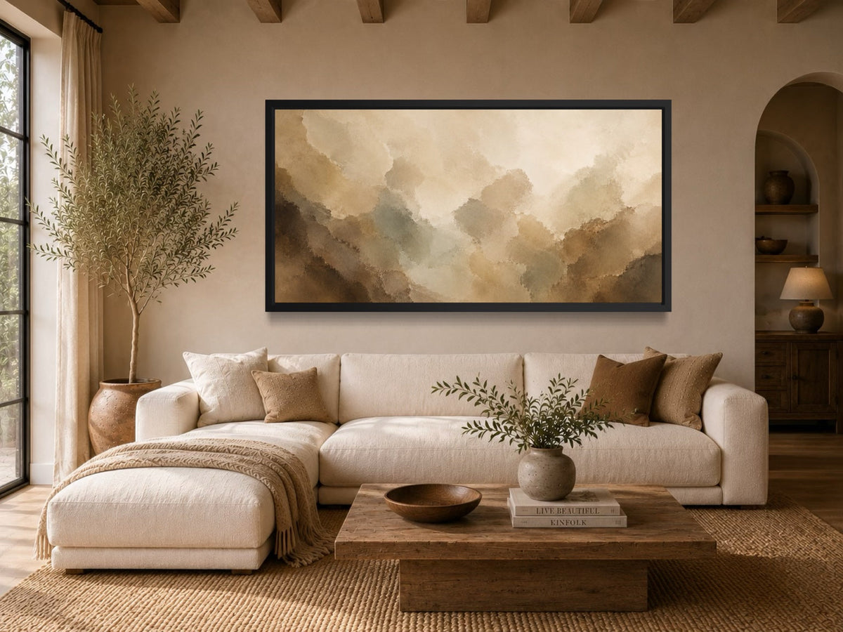 Quiet Divide neutral panoramic abstract wall art in a warm living room