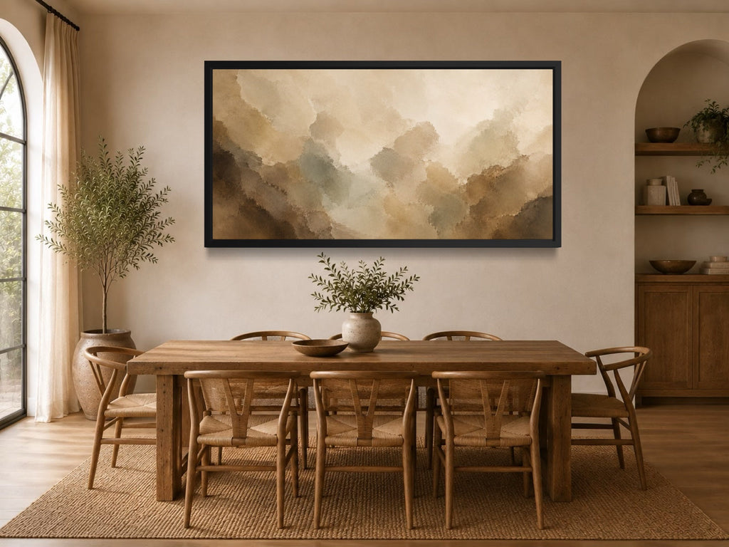 Quiet Divide neutral panoramic abstract wall art in a warm dining room