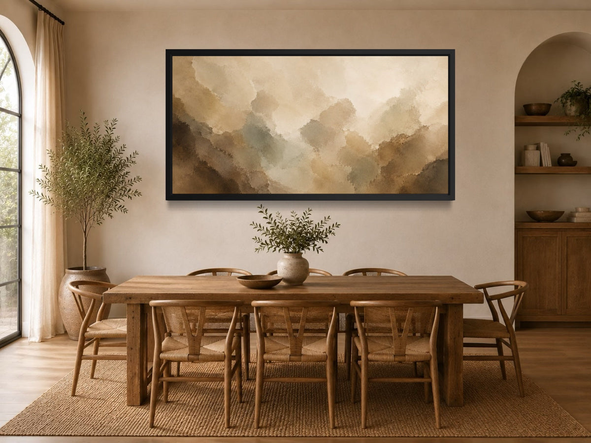 Quiet Divide neutral panoramic abstract wall art in a warm dining room