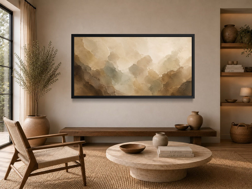 Quiet Divide neutral panoramic abstract wall art in an earth-toned contemporary interior