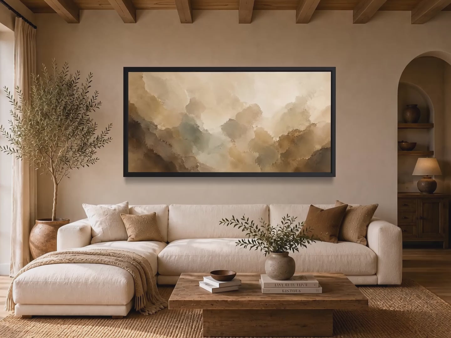 Quiet Divide neutral panoramic abstract wall art shown in a warm modern interior